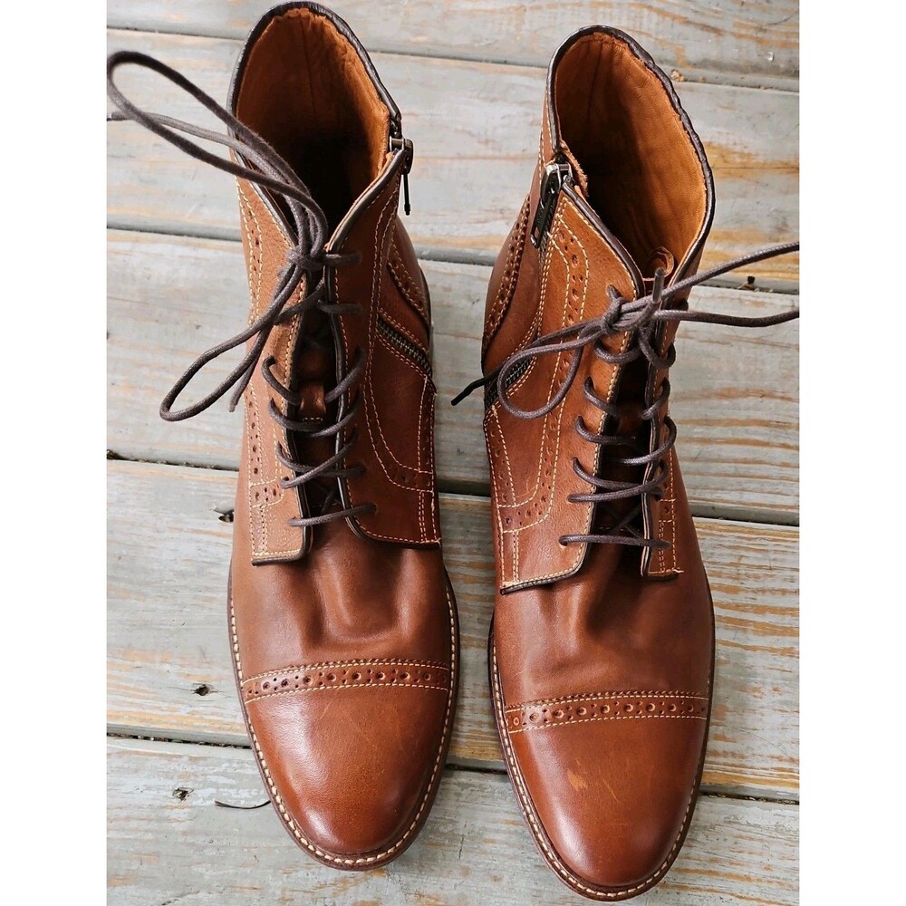 Johnston & Murphy Brown WARNER Cap Toe Zip Full Grain Leather Sheepskin Boots 10